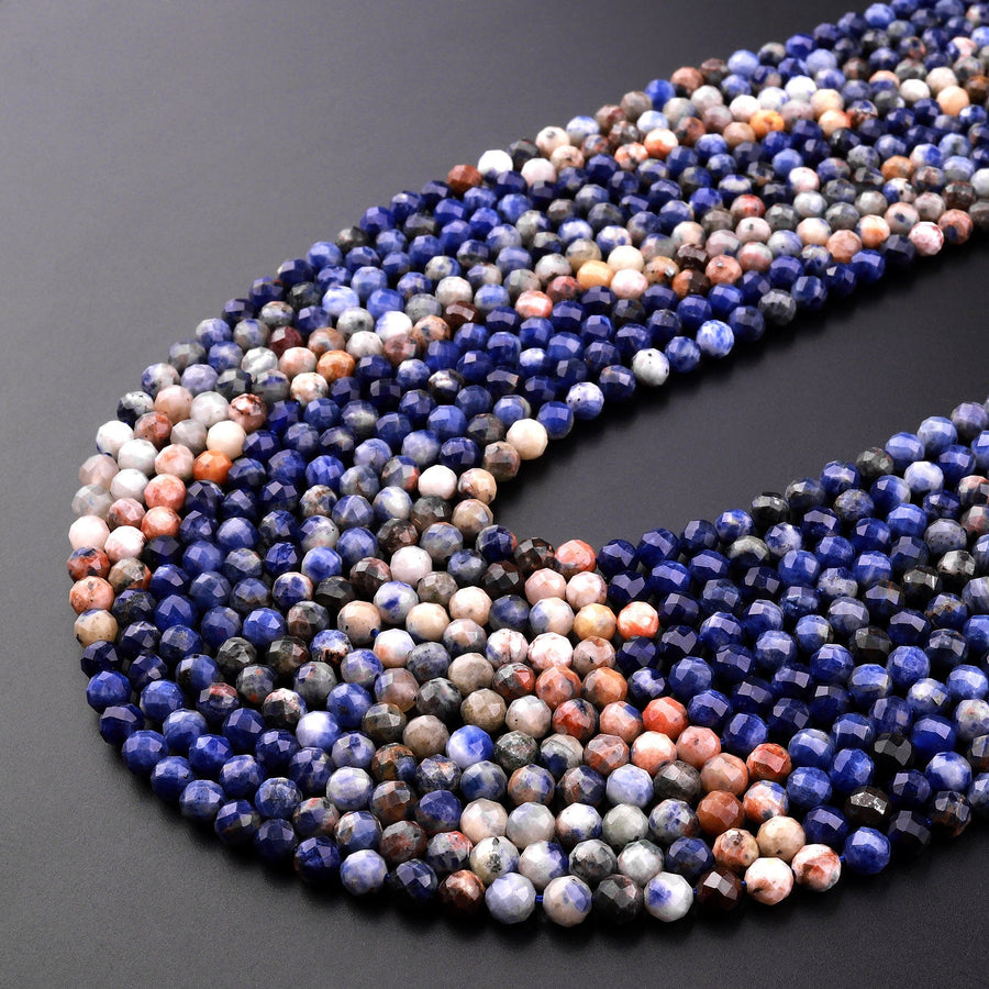 Micro Faceted Natural Orange Sodalite 4mm Round Beads Multicolor Shaded Gemstone 15.5" Strand