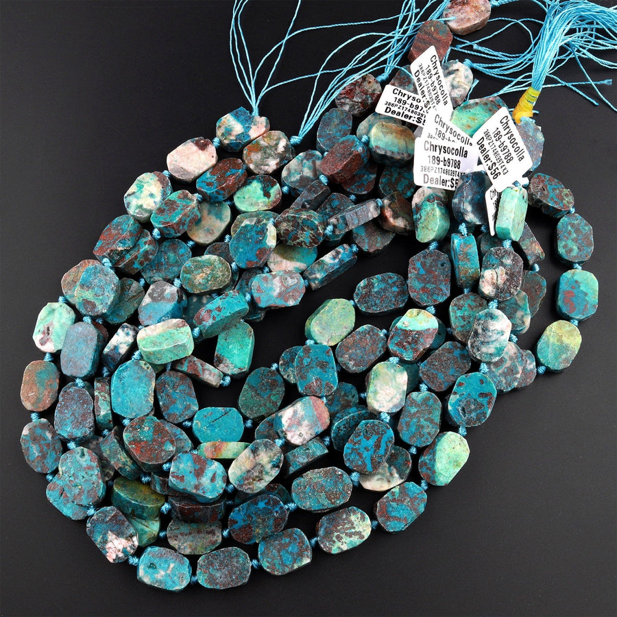 Natural Chrysocolla Beads Cornered Oval Rectangle Flat Slice Rare Energy Stone 15.5" Strand