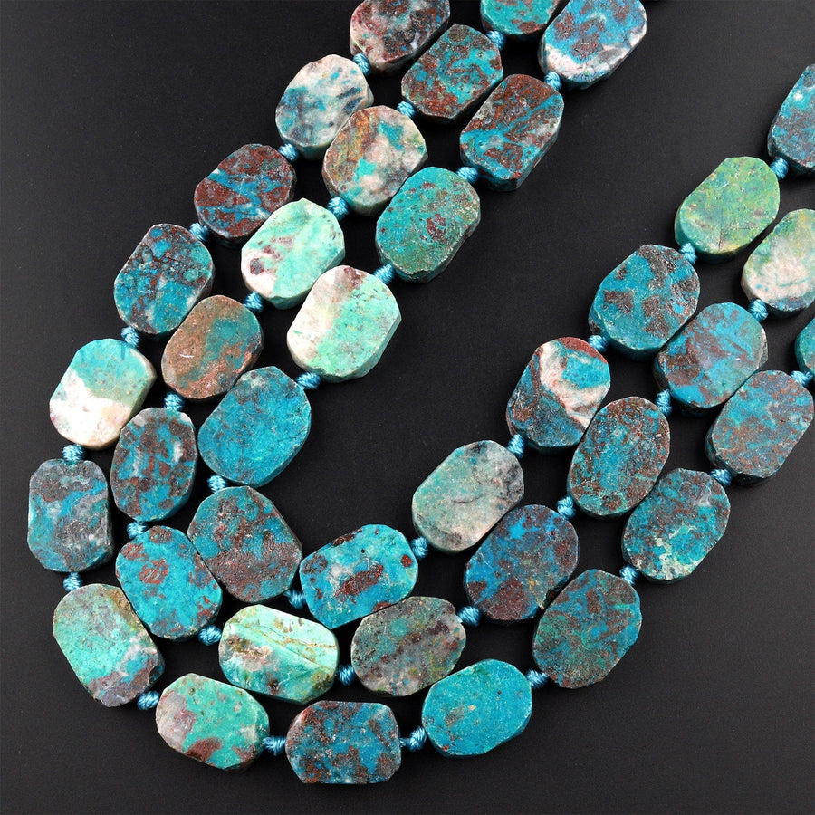Natural Chrysocolla Beads Cornered Oval Rectangle Flat Slice Rare Energy Stone 15.5" Strand
