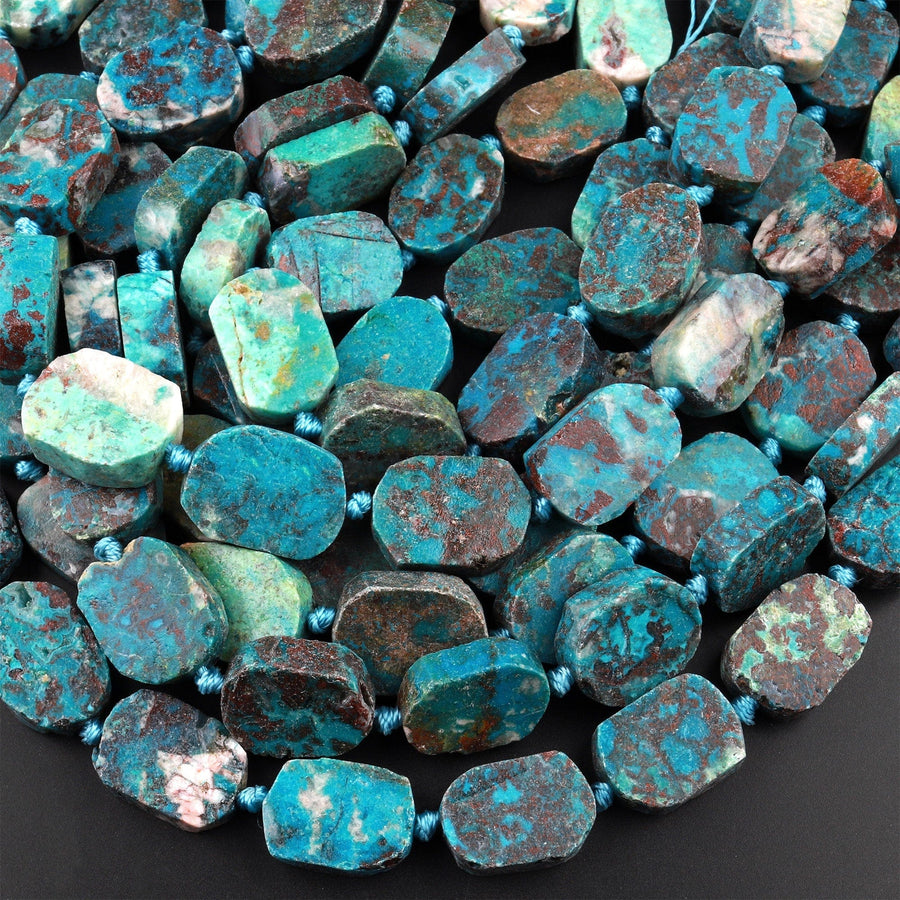 Natural Chrysocolla Beads Cornered Oval Rectangle Flat Slice Rare Energy Stone 15.5" Strand