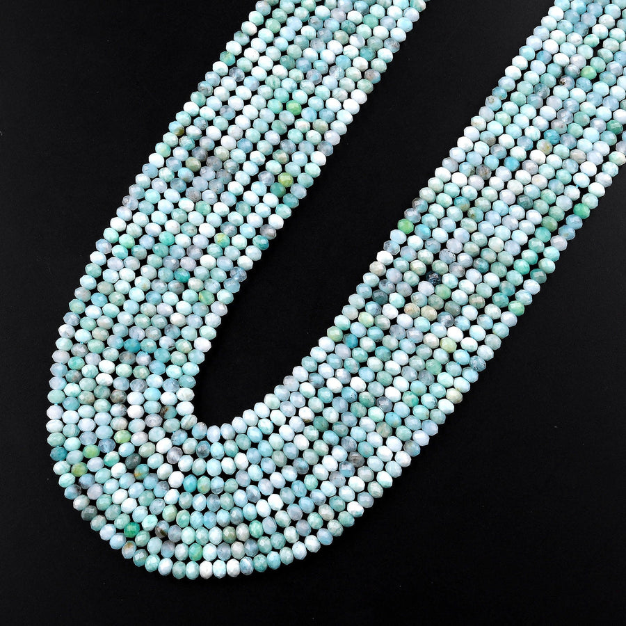 Peruvian Amazonite Faceted 3mm Rondelle Beads Micro Diamond Cut Natural Sea Blue Green Gemstone 15.5" Strand