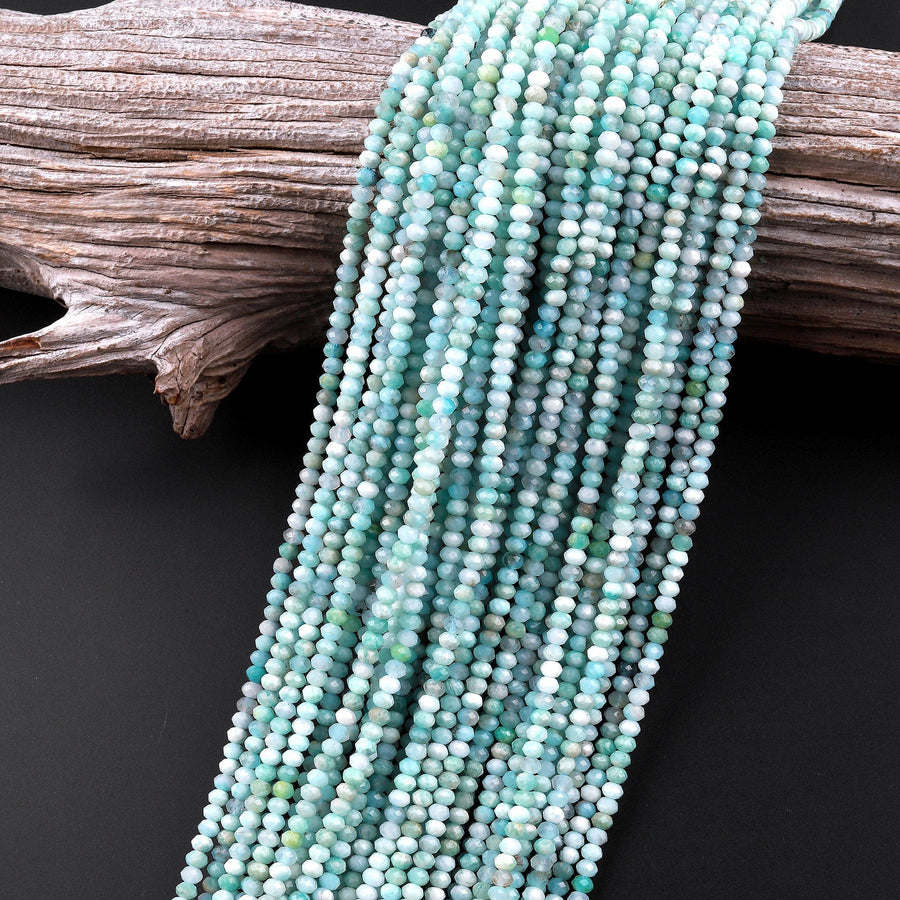 Peruvian Amazonite Faceted 3mm Rondelle Beads Micro Diamond Cut Natural Sea Blue Green Gemstone 15.5" Strand