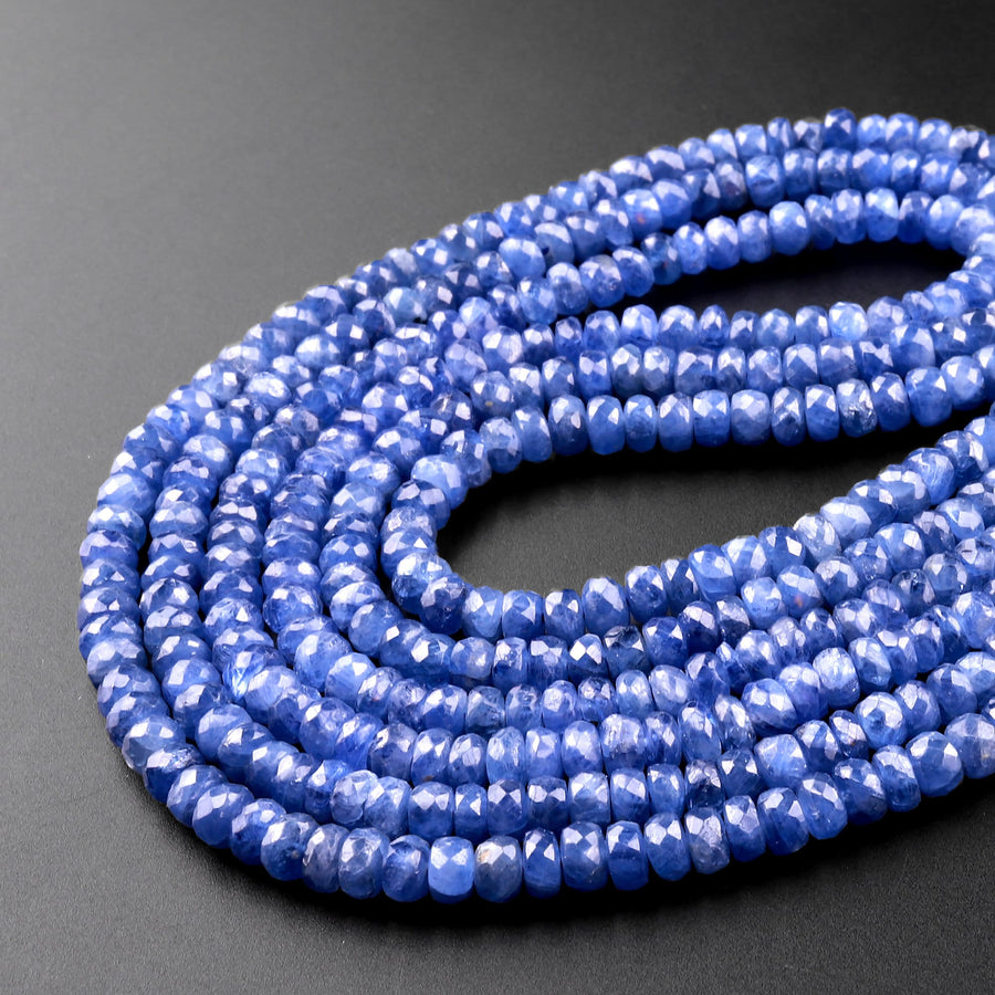 AAA Natural Blue Sapphire Faceted 4mm Rondelle Beads Micro Laser Diamond Cut Genuine Gemstone 15.5" Strand