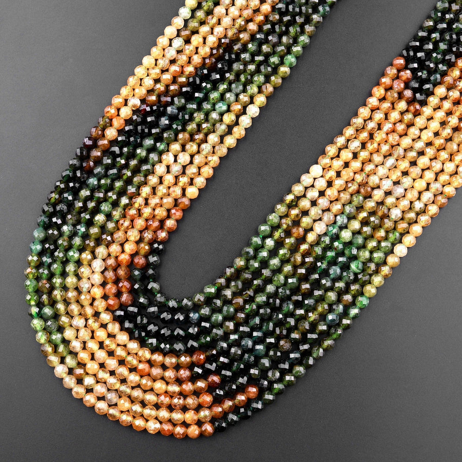Natural Multicolor Green Yellow Cognac Tourmaline Micro Faceted 3mm 4mm Round Gemstone Beads 15.5" Strand