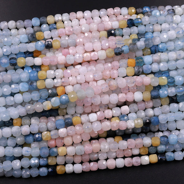 Natural Multicolor Blue Aquamarine Pink Morganite Faceted 4mm Cube Dice Square Beads 15.5" Strand