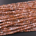 AAA Natural Peach Moonstone Faceted 4mm Cube Dice Square Beads Micro Laser Diamond Cut Gemstone 15.5" Strand
