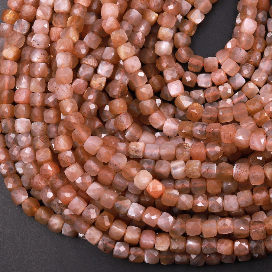 AAA Natural Peach Moonstone Faceted 4mm Cube Dice Square Beads Micro Laser Diamond Cut Gemstone 15.5" Strand