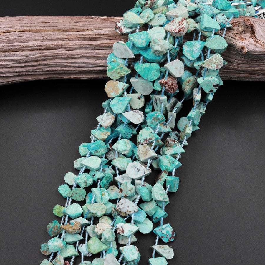 Natural Peruvian Turquoise Teardrop Beads Hand Cut Raw Freeform Gemstone 15.5" Strand