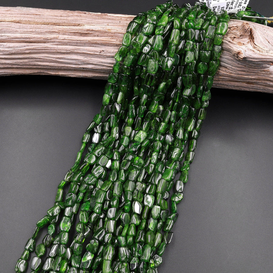 Natural Green Chrome Diopside Beads Freeform Rectangle Gemstone 15.5" Strand