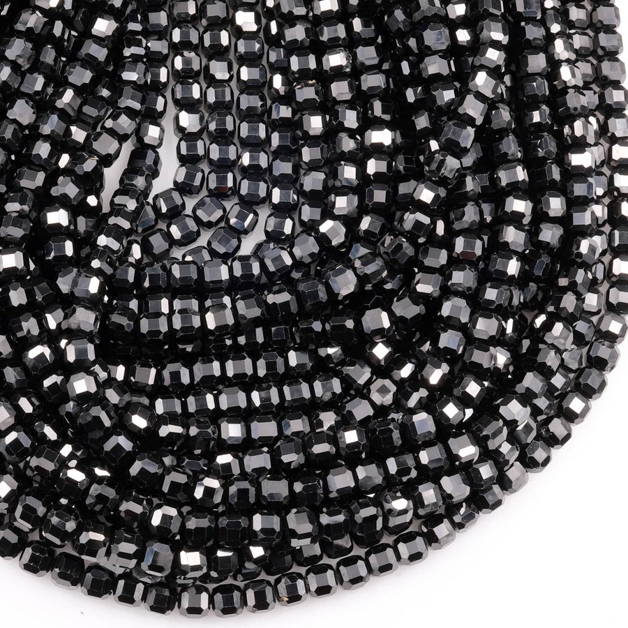 Natural Black Tourmaline Faceted 2mm 4mm 6mm Cube Beads Micro Faceted Laser Diamond Cut 15.5" Strand
