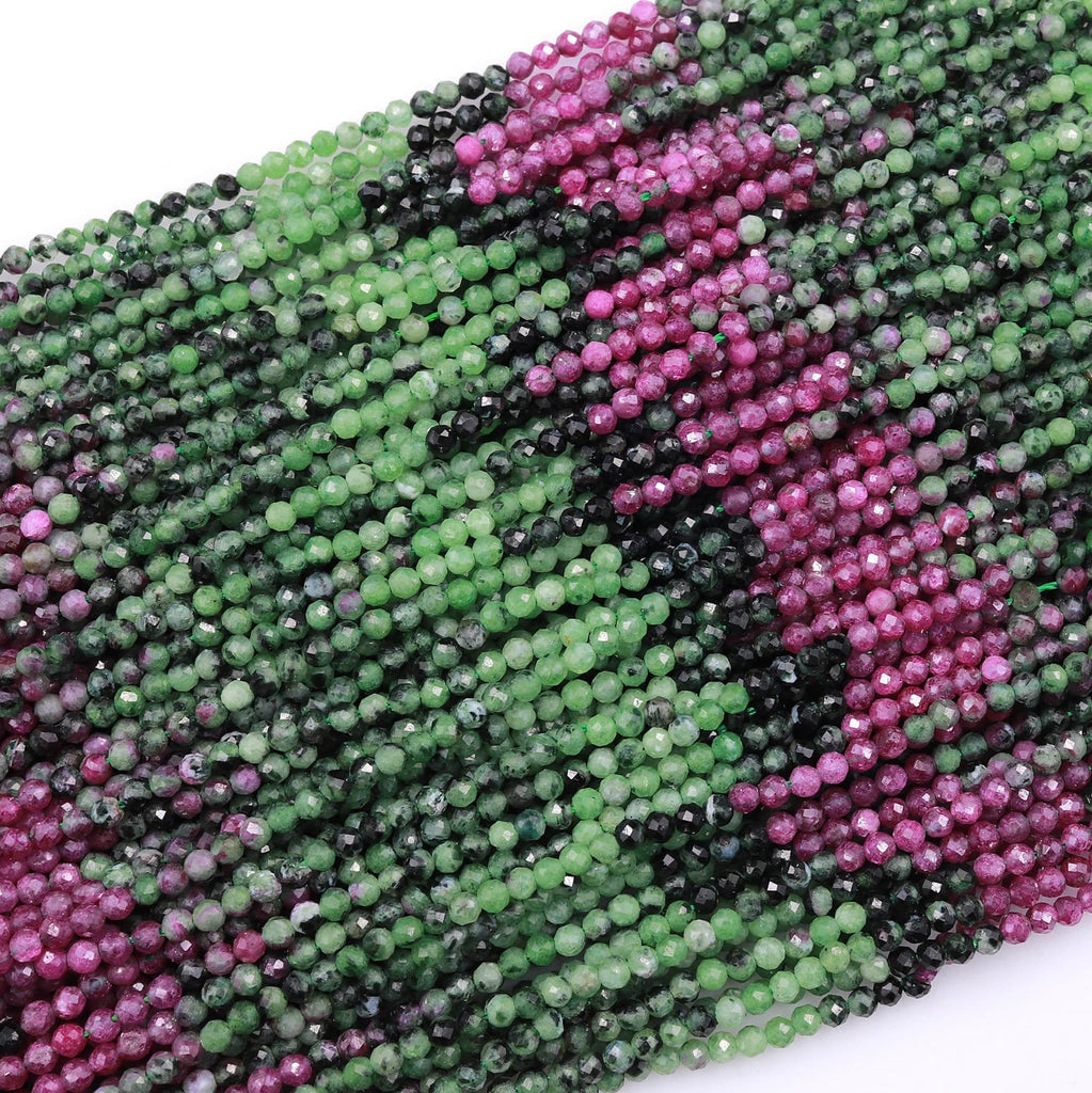Micro Faceted Natural Ruby Zoisite 2mm Round Beads Laser Diamond Cut Red Ruby Green Zoisite Gemstone 15.5" Strand