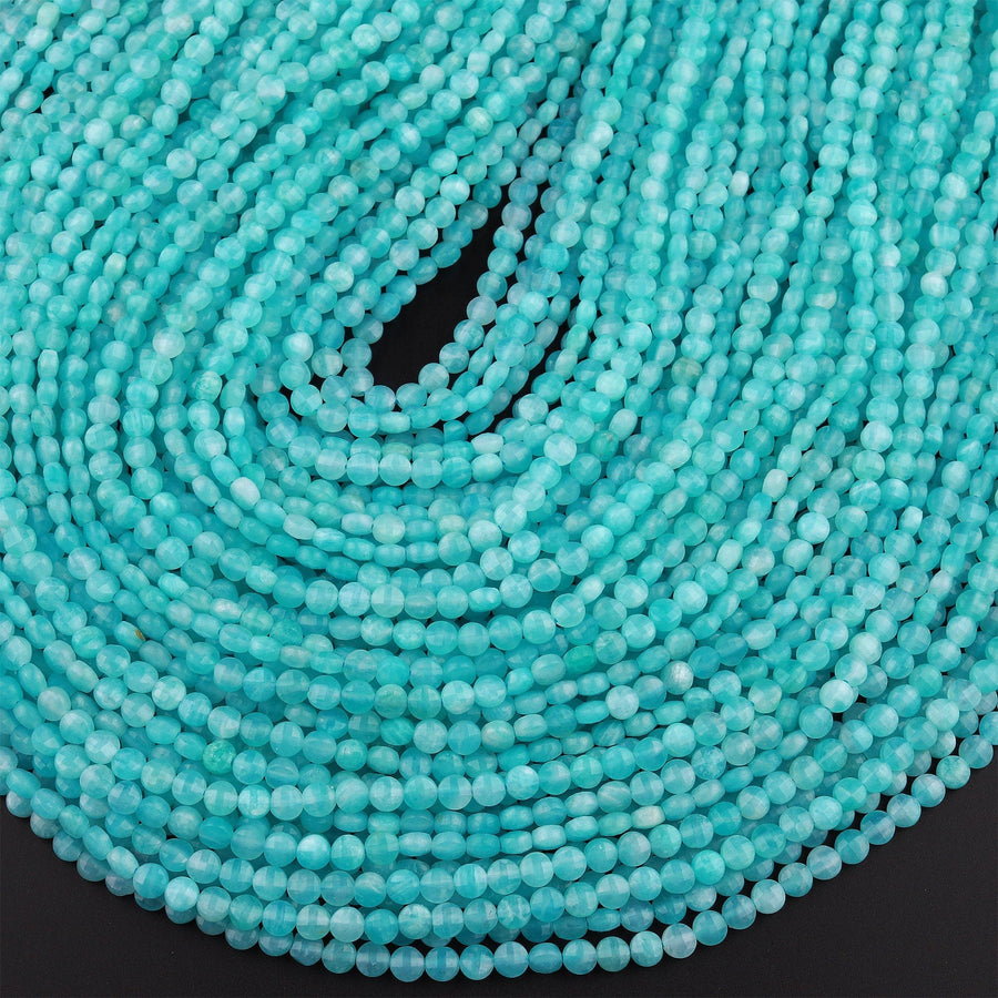 AAA Faceted Natural Peruvian Amazonite Coin Beads 3mm 4mm Flat Disc Dazzling Micro Diamond Cut 15.5" Strand