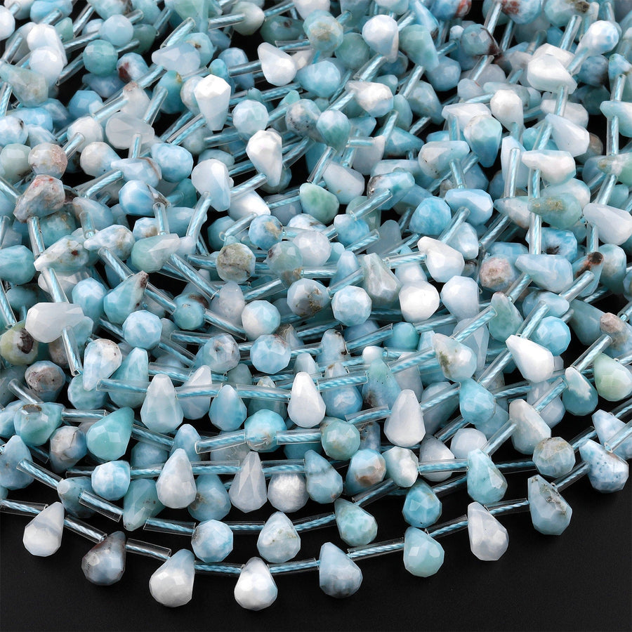 Natural Blue Larimar Faceted Teardrop Beads 8x6mm Top Side Drilled 15.5" Strand