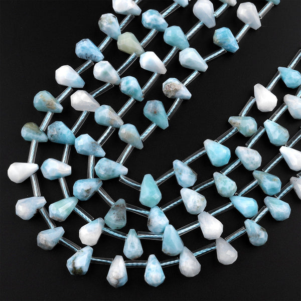 Natural Blue Larimar Faceted Teardrop Beads 8x6mm Top Side Drilled 15.5" Strand