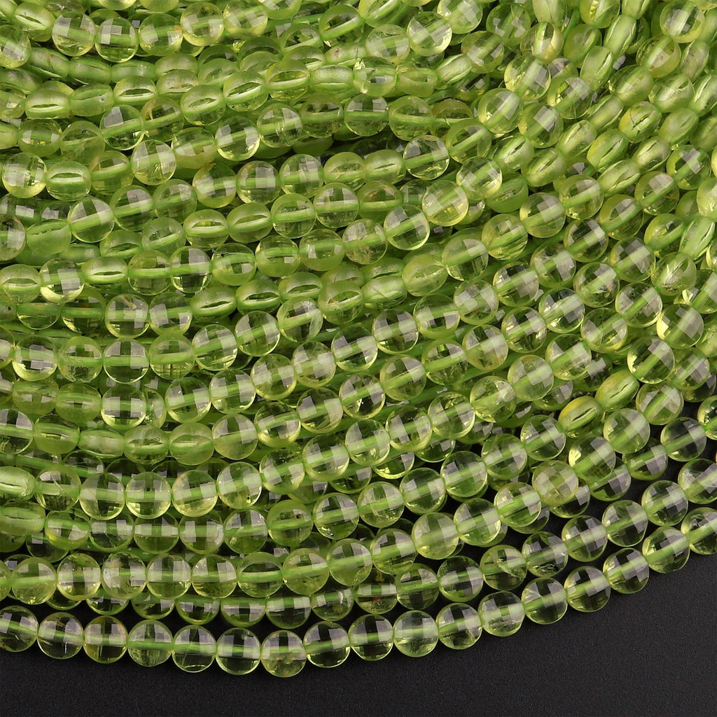 AAA Natural Green Peridot Micro Faceted 4mm Coin Beads 15.5" Strand