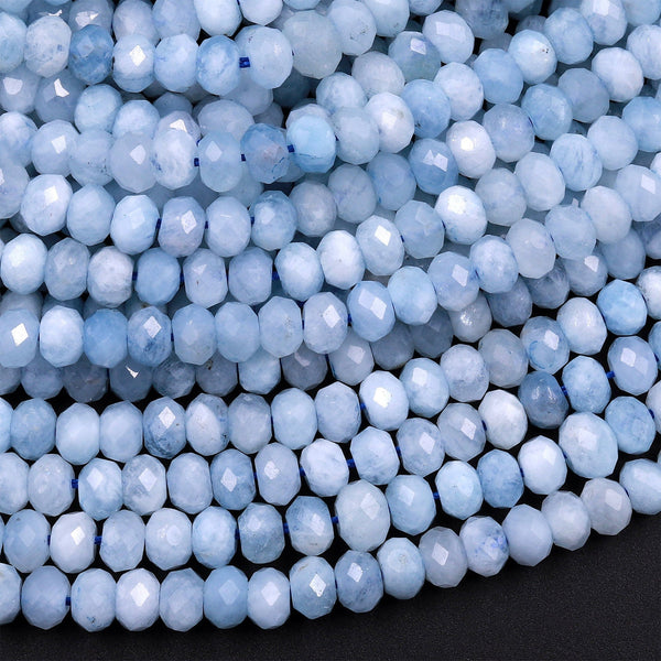 Faceted Natural Aquamarine 5mm Rondelle Beads Micro Laser Diamond Cut Real Genuine Gemstone 15.5" Strand