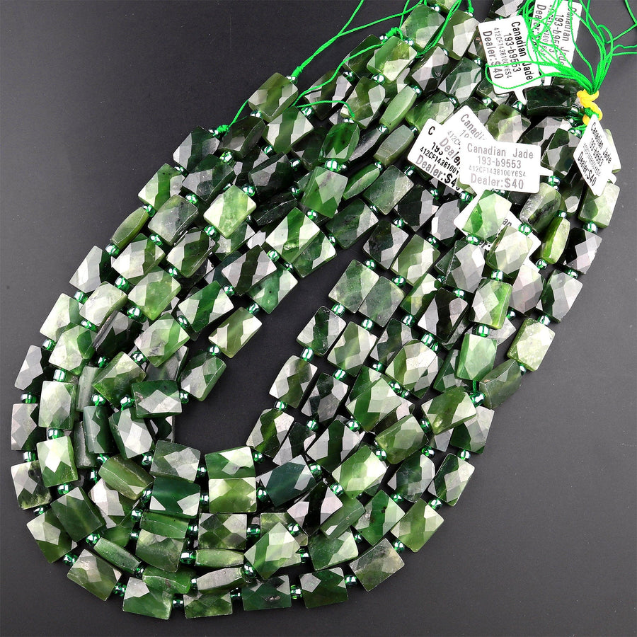 Natural Canadian Green Jade Faceted Rectangle Cushion Beads 15.5" Strand