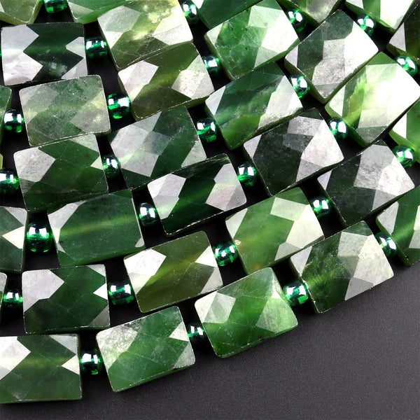 Natural Canadian Green Jade Faceted Rectangle Cushion Beads 15.5" Strand