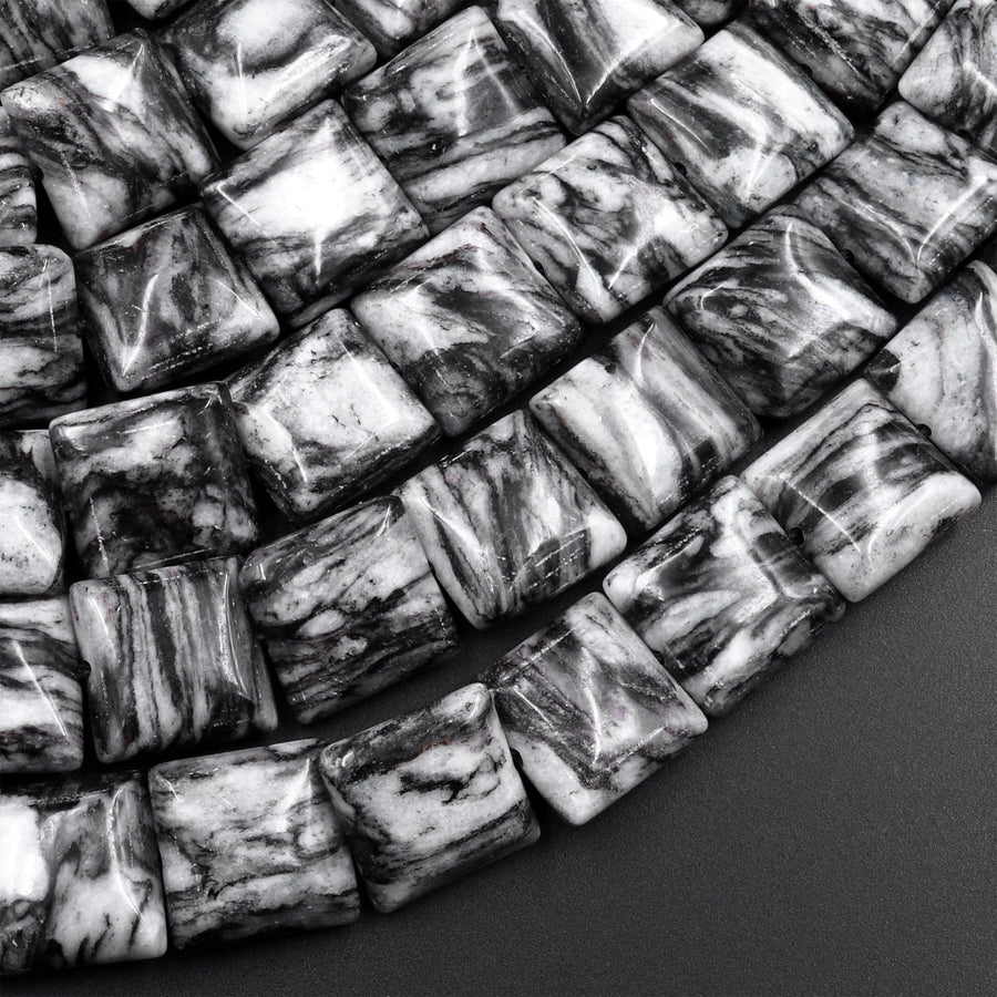 AAA Natural Black Web Jasper Square Cushion Beads 12mm 15.5" Strand