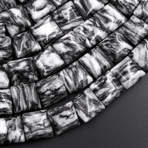 AAA Natural Black Web Jasper Square Cushion Beads 12mm 15.5" Strand
