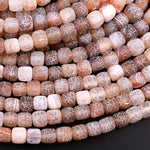Matte Finish Tibetan Brown Fire Agate Beads 6mm 8mm Square Dice Cube Cracked Agate Dragon Skin Agate Nuggets 15.5" Strand