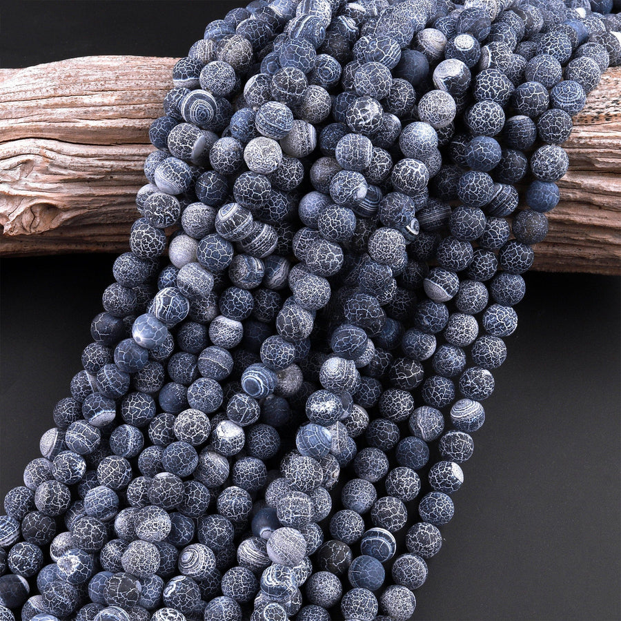 Matte Finish Tibetan Black Fire Agate 4mm 6mm 8mm 10mm Round Beads Aka Cracked Agate Dragon Skin Agate 15.5" Strand