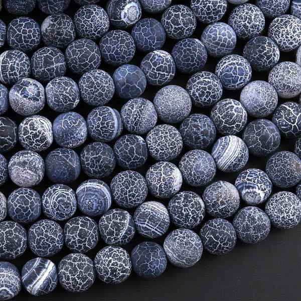 Matte Finish Tibetan Black Fire Agate 4mm 6mm 8mm 10mm Round Beads Aka Cracked Agate Dragon Skin Agate 15.5" Strand
