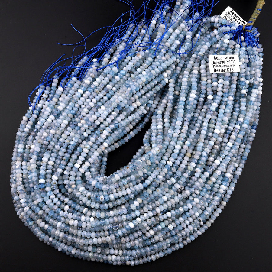 Faceted Natural Aquamarine 5mm Rondelle Beads Micro Laser Diamond Cut Real Genuine Gemstone 15.5" Strand