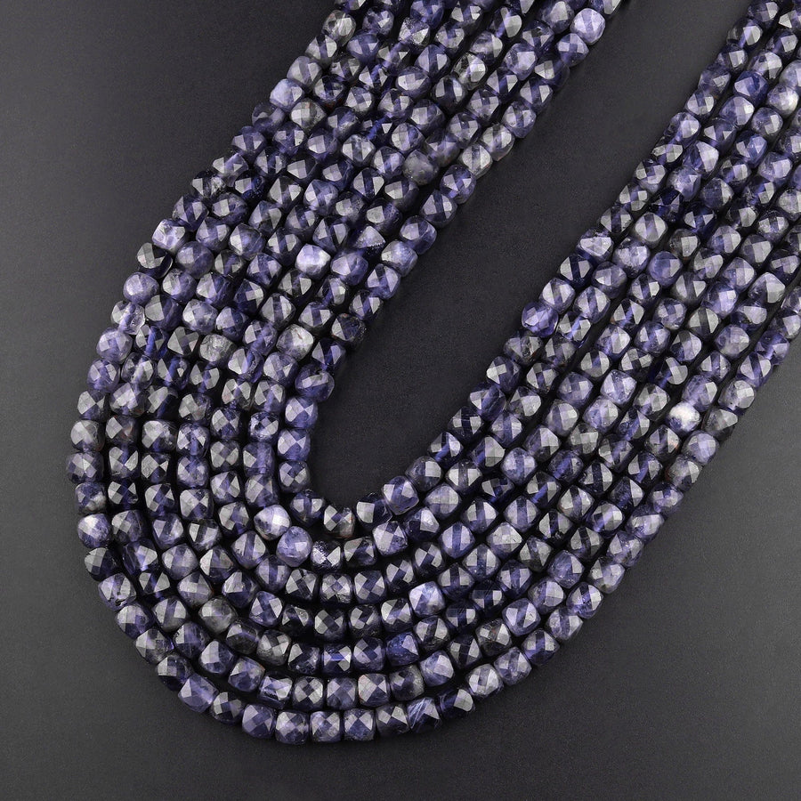 Natural Iolite Gemstone Faceted 5mm 6mm Cube Beads 15.5" Strand