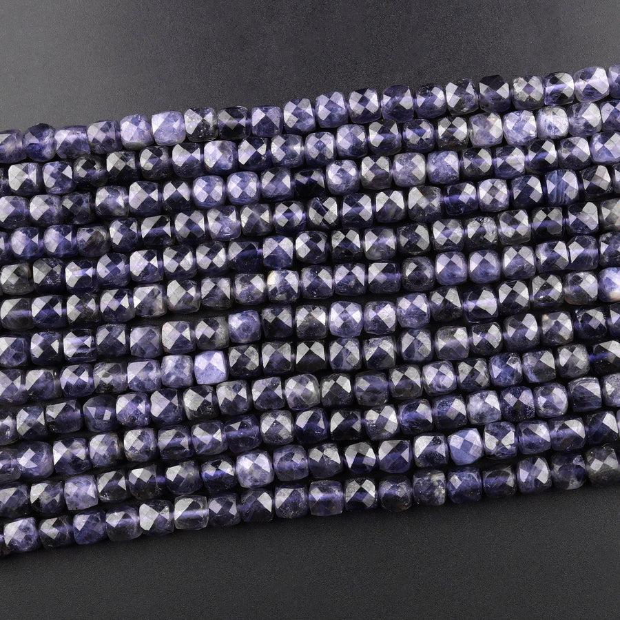 Natural Iolite Gemstone Faceted 5mm 6mm Cube Beads 15.5" Strand