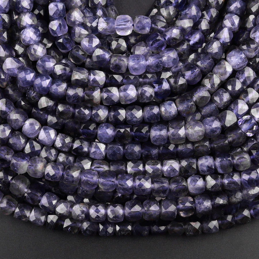 Natural Iolite Gemstone Faceted 5mm 6mm Cube Beads 15.5" Strand