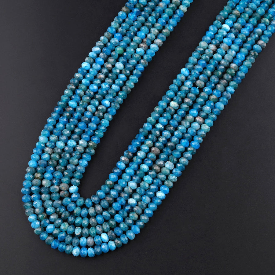 Faceted Natural Teal Blue Apatite 4x3mm Rondelle Beads 15.5" Strand