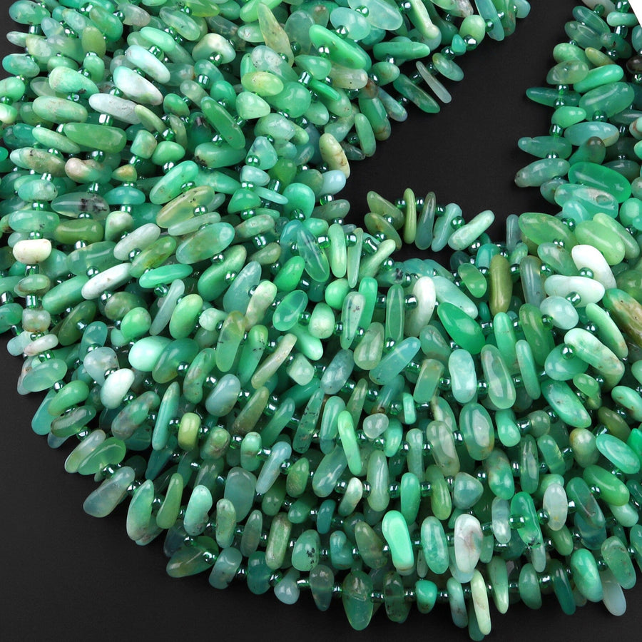 Natural Australian Green Chrysoprase Beads Freeform Top Side Drilled Chip Nuggets 15.5" Strand