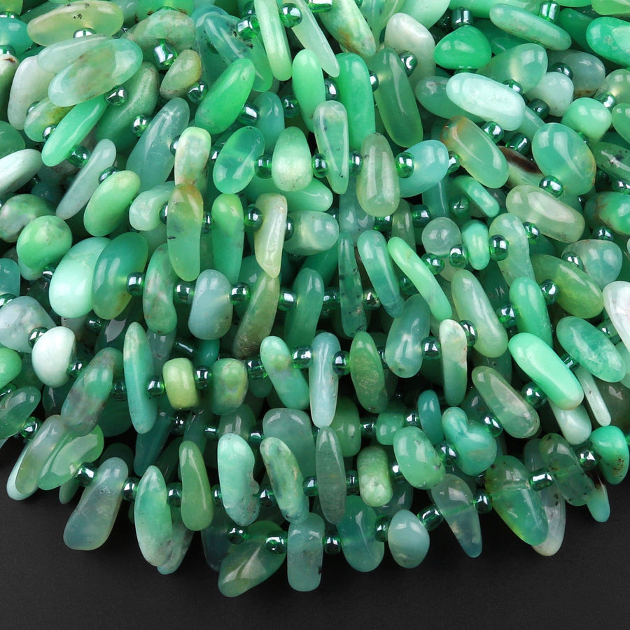 Natural Australian Green Chrysoprase Beads Freeform Top Side Drilled Chip Nuggets 15.5" Strand