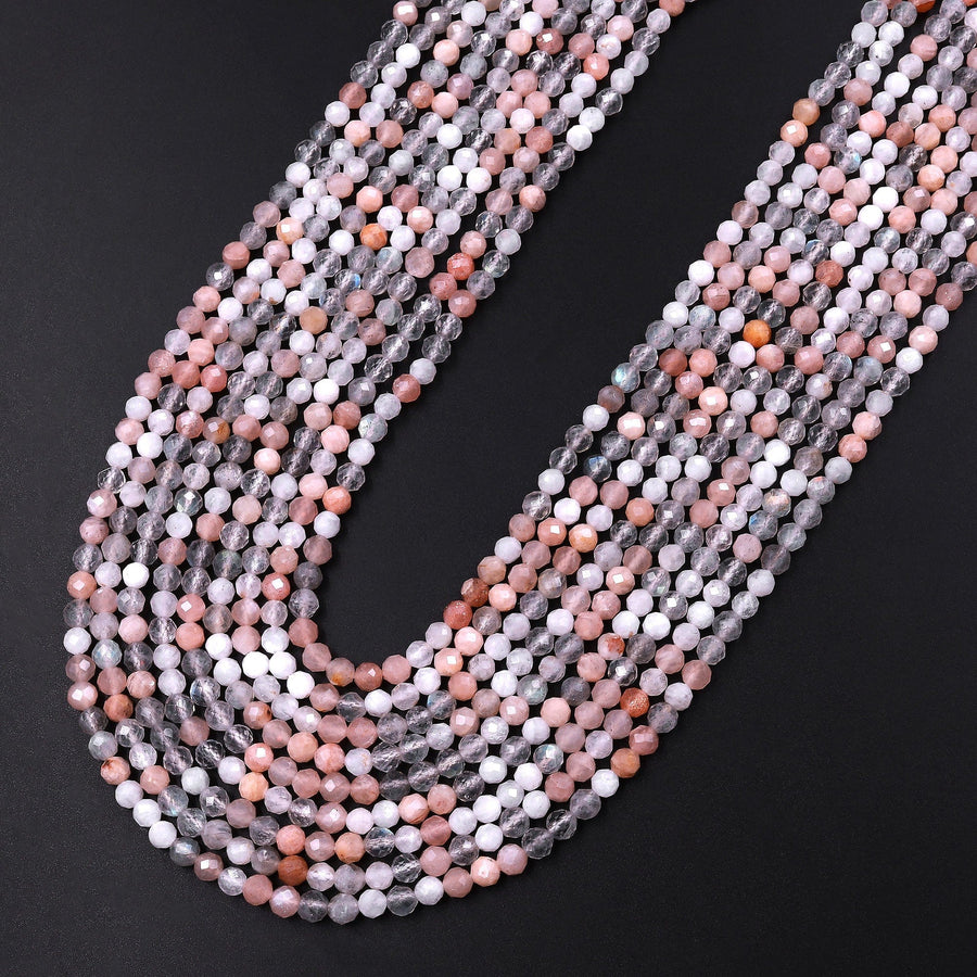 Faceted Natural Peach White Moonstone Labradorite Round Beads 3mm 15.5" Strand