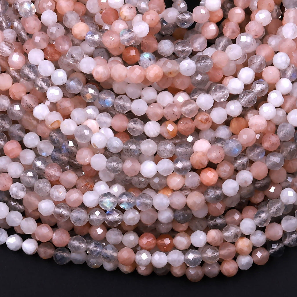 Faceted Natural Peach White Moonstone Labradorite Round Beads 3mm 15.5" Strand