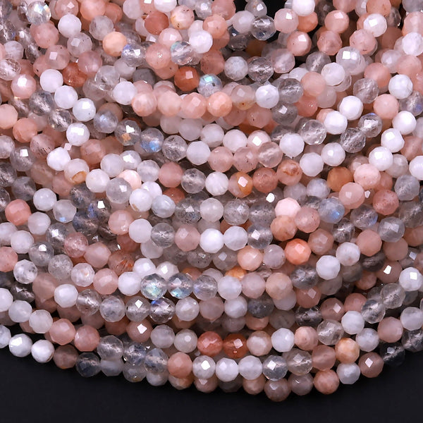 Faceted Natural Peach White Moonstone Labradorite Round Beads 3mm 15.5" Strand