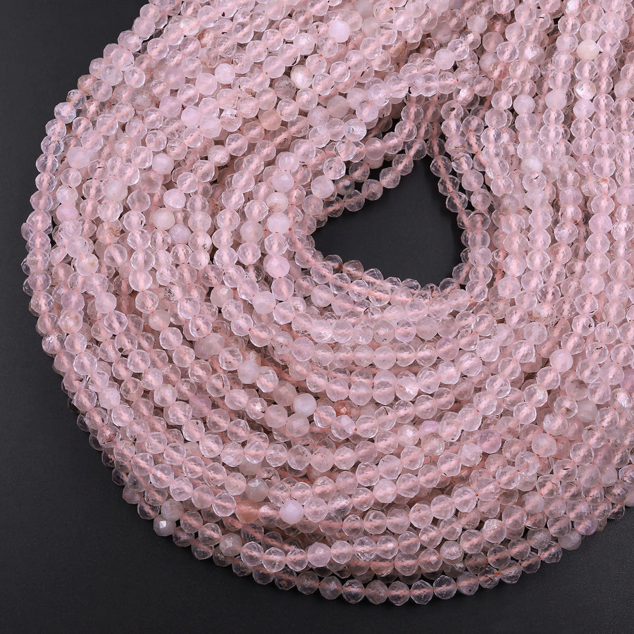 Micro Faceted Natural Quartz Round Beads 3mm 4mm Sparkling Diamond Cut Gemstone 15.5" Strand