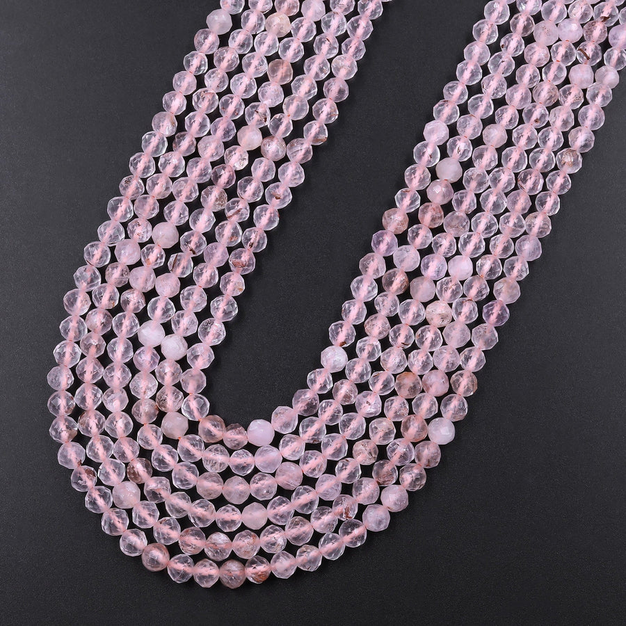 Micro Faceted Natural Quartz Round Beads 3mm 4mm Sparkling Diamond Cut Gemstone 15.5" Strand