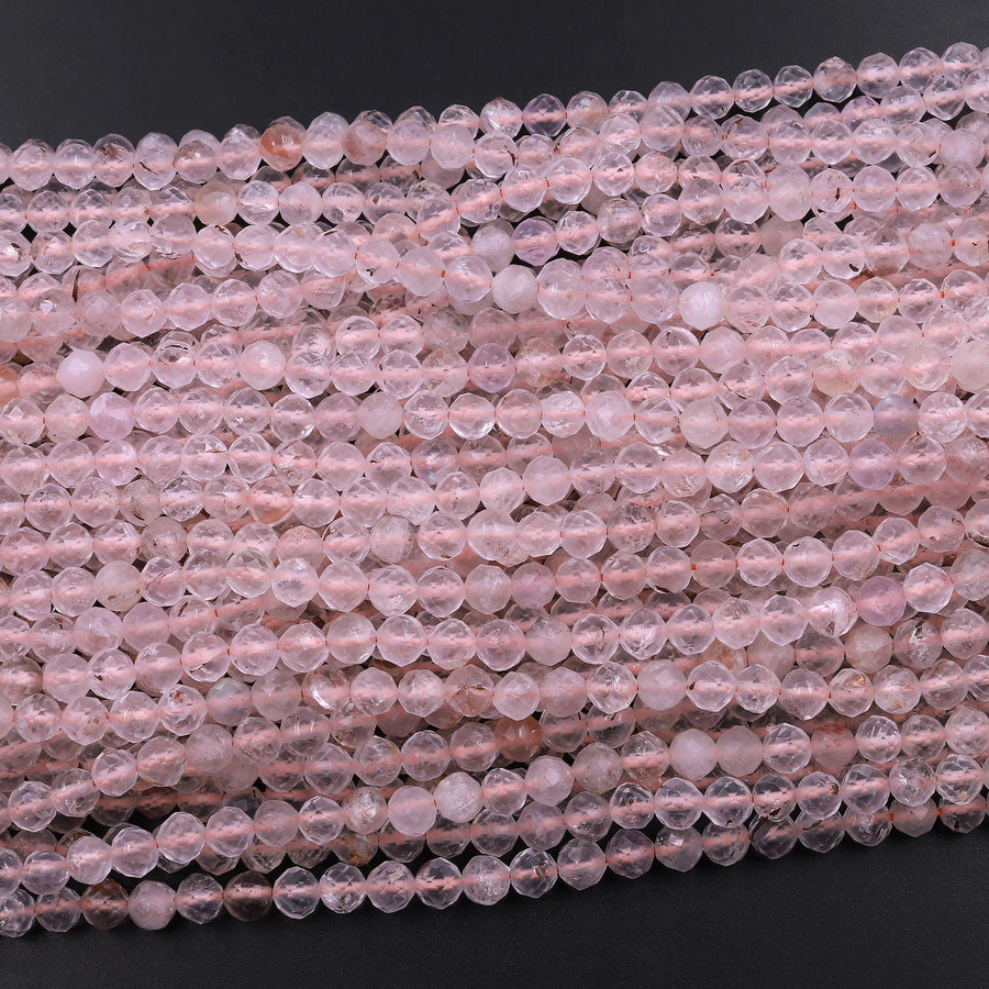 Micro Faceted Natural Quartz Round Beads 3mm 4mm Sparkling Diamond Cut Gemstone 15.5" Strand