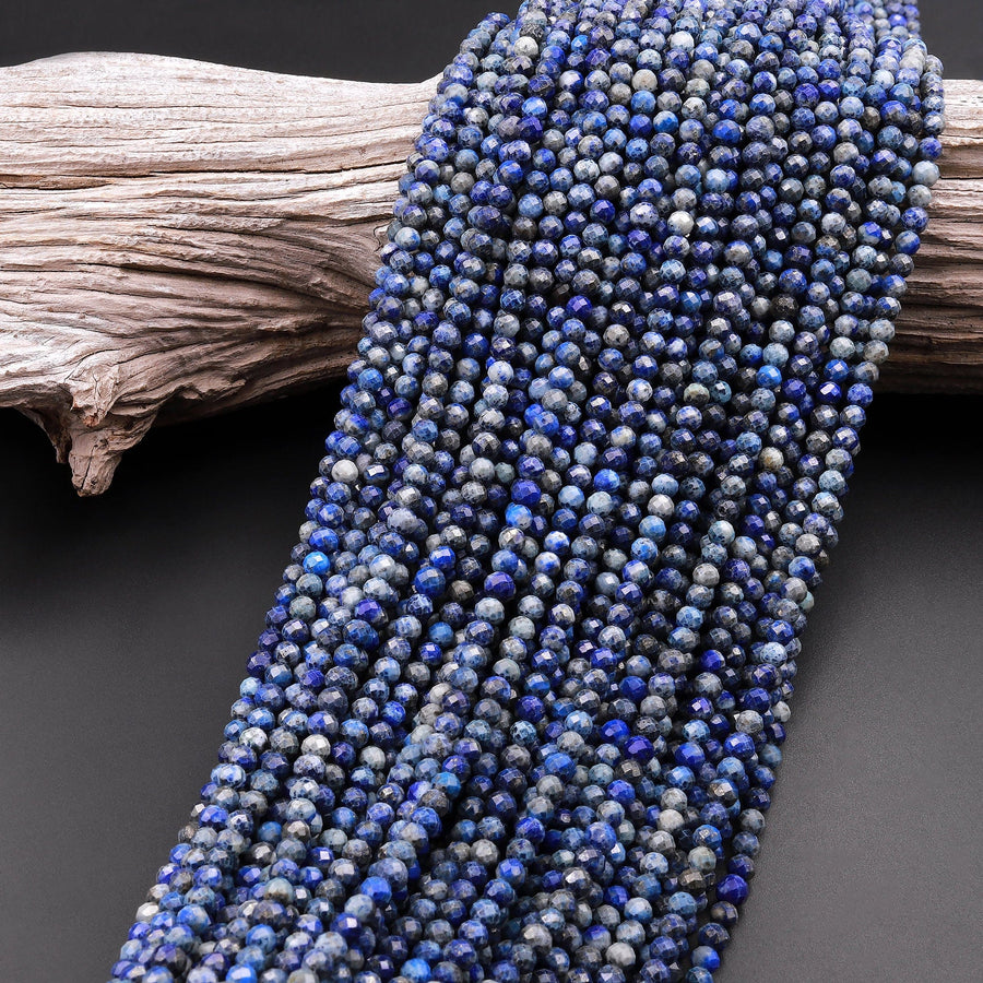 Faceted Natural Denim Blue Lapis Lazuli 4mm Round Beads Diamond Cut Gemstone 15.5" Strand
