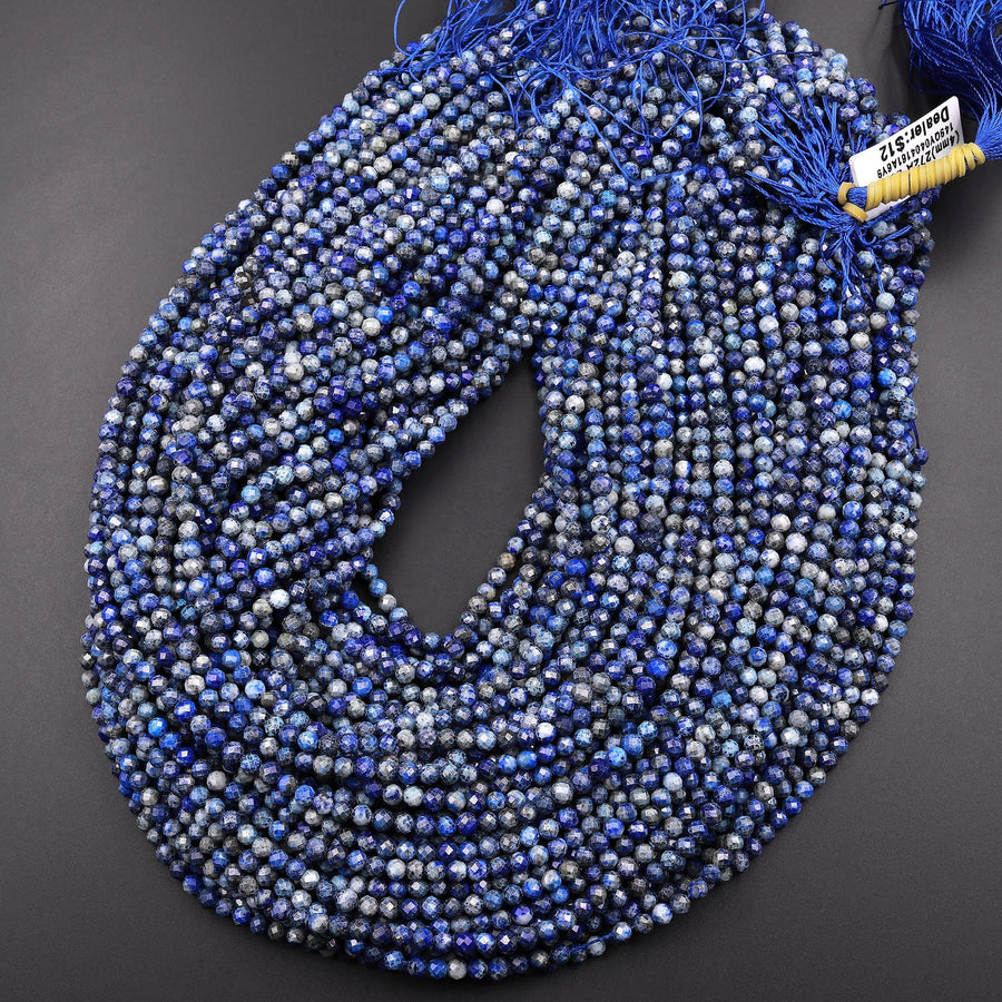Faceted Natural Denim Blue Lapis Lazuli 4mm Round Beads Diamond Cut Gemstone 15.5" Strand