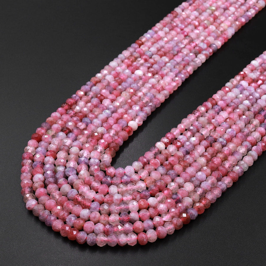 Faceted Natural Pink Tourmaline Rondelle 4mm Beads Diamond Cut Gemstone 15.5" Strand