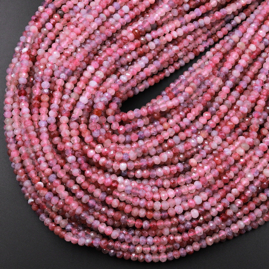 Faceted Natural Pink Tourmaline Rondelle 4mm Beads Diamond Cut Gemstone 15.5" Strand