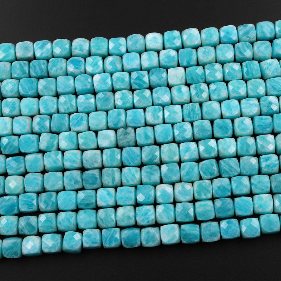 Natural Russian Amazonite Faceted 6mm Cube Dice Square Beads Strand