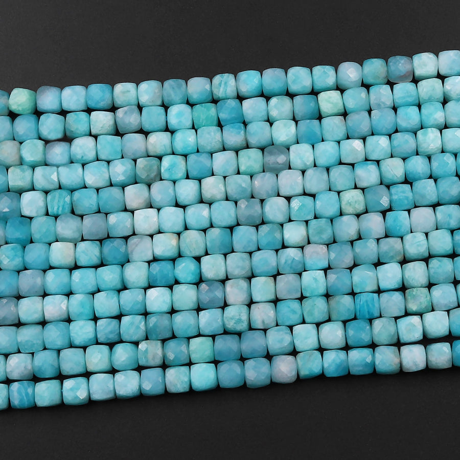 Natural Brazilian Amazonite Faceted 4mm Cube Dice Square Beads Strand
