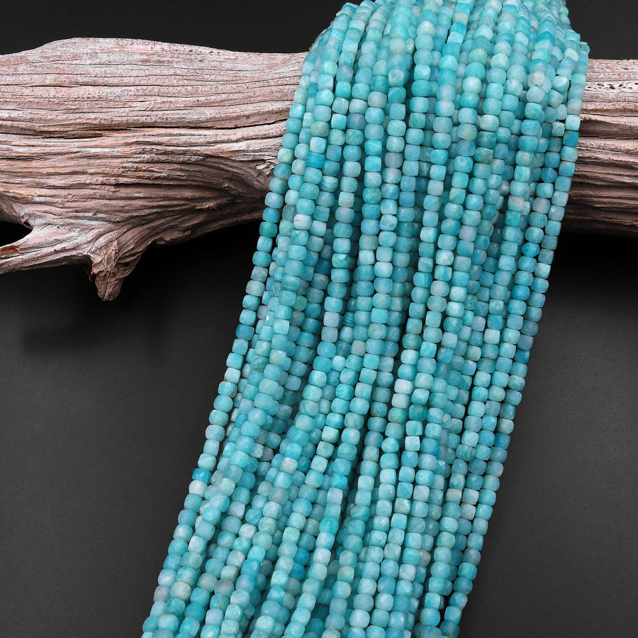 Natural Brazilian Amazonite Faceted 4mm Cube Dice Square Beads Strand
