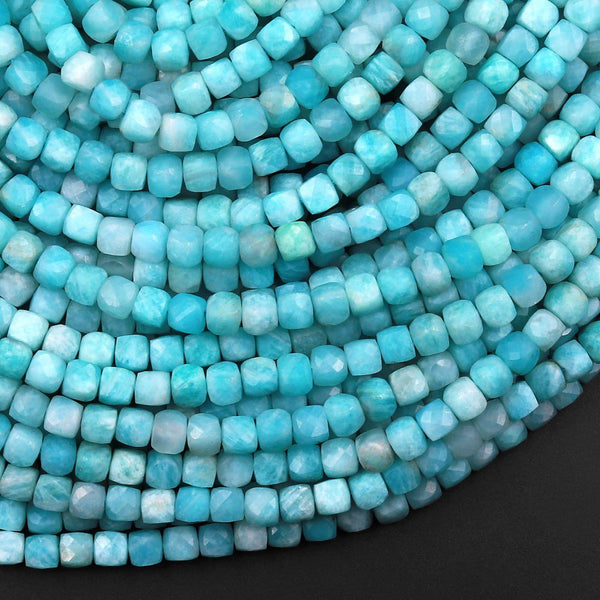 Natural Brazilian Amazonite Faceted 4mm Cube Dice Square Beads Strand