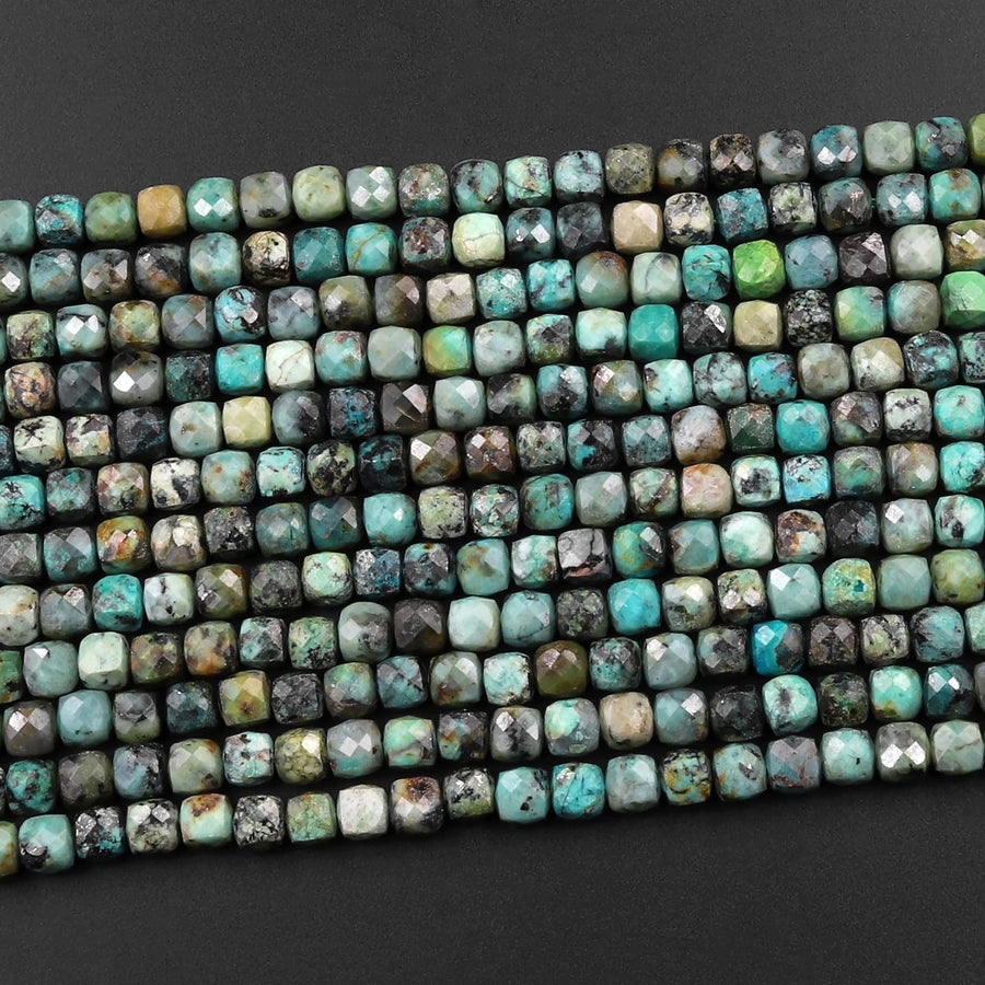 Natural African Turquoise Faceted 4mm Cube Dice Square Beads Micro Faceted Laser Diamond Cut 15.5" Strand