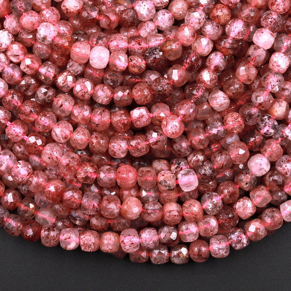 Natural Strawberry Quartz Faceted 4mm Cube Dice Square Beads Micro Faceted Laser Diamond Cut 15.5" Strand